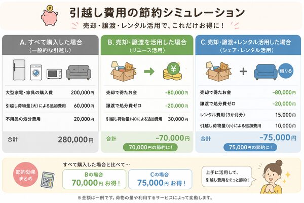 引越し費用の節約シミュレーション(売却・譲渡・レンタル活用による費用比較)