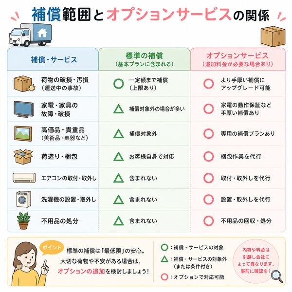 補償範囲とオプションサービスの関係がわかる一覧図