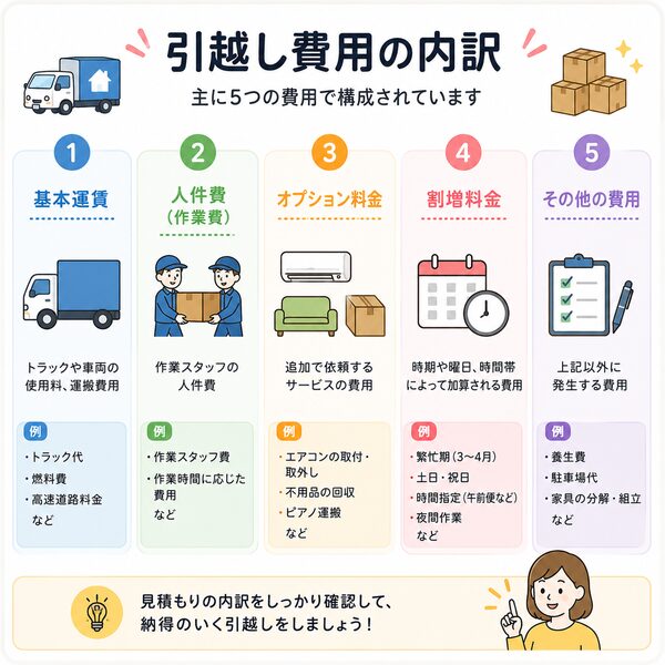 引越し費用の内訳（基本運賃・人件費・オプション・割増料金・その他）の一覧図