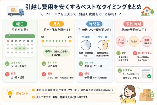 引越し費用を安くするベストなタイミング（曜日・月内・時間帯・予約時期）のまとめ