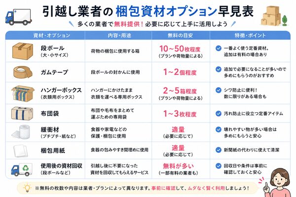 引越し業者の梱包資材オプション早見表