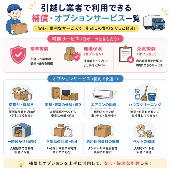 引越し業者で利用できる補償・オプションサービス一覧