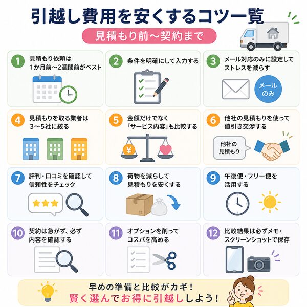 引越し費用を安くするコツ一覧（見積もり前〜契約まで）