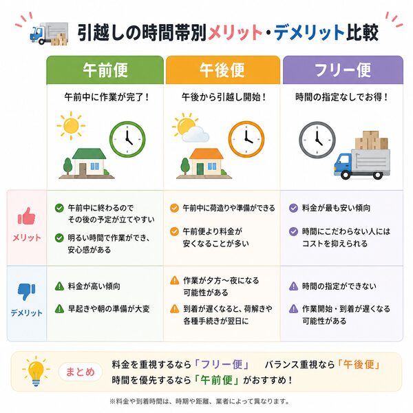午前便・午後便・フリー便のメリット・デメリット比較表