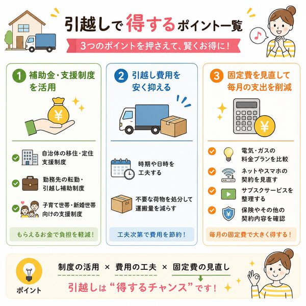 引越しで得するポイント一覧（補助金・費用節約・固定費見直しの全体像）