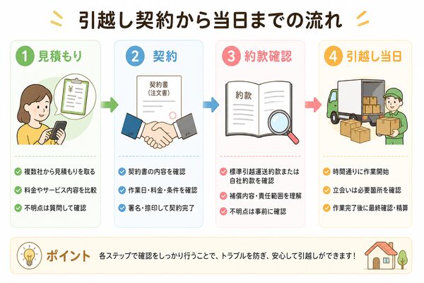 引越し契約から当日までの流れ(見積もり→契約→約款確認→当日)