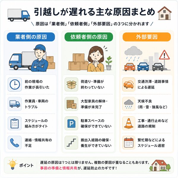引越しが遅れる主な原因まとめ(業者側・依頼者側・外部要因)