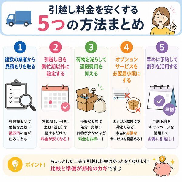 引越し料金を安くする5つの方法まとめ