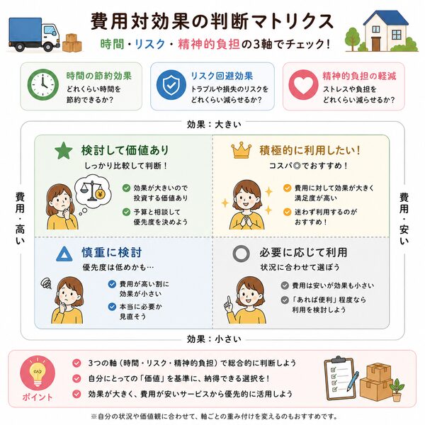 費用対効果の判断マトリクス(時間・リスク・精神的負担の3軸)
