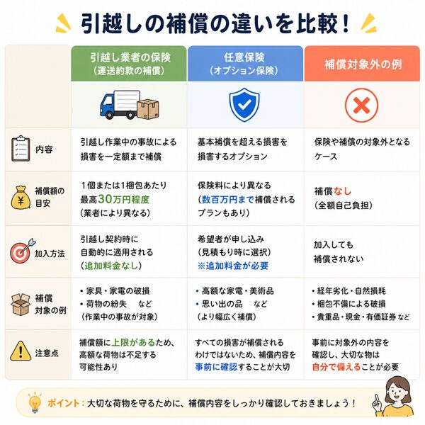 引越し業者の保険・任意保険・補償対象外の違い比較表