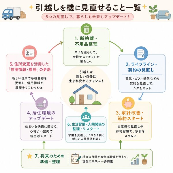 引越しを機に見直せること一覧（断捨離・契約・家計・住環境・将来準備の関係図）