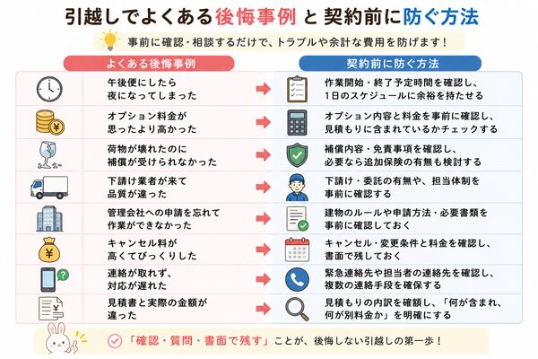 実際によくある後悔事例と契約前に防ぐ方法の対応表