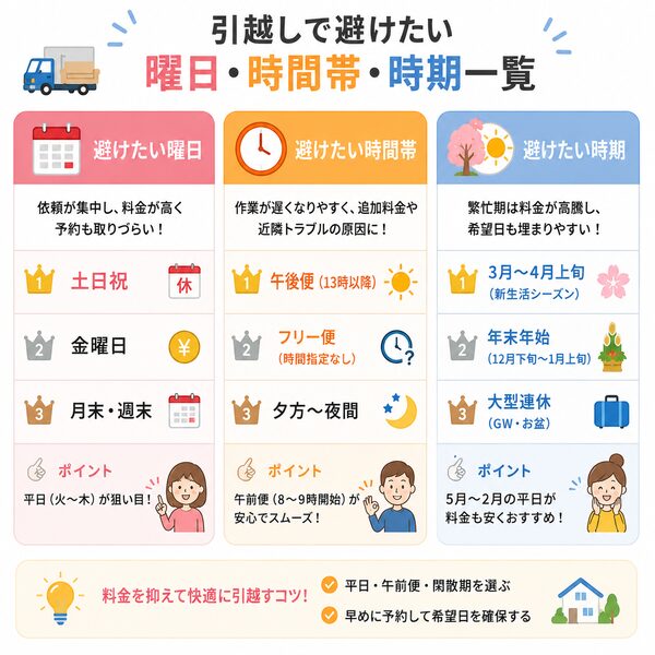 引越しで避けたい曜日・時間帯・時期一覧