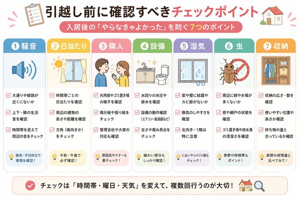 引越し前に確認すべきチェックポイント(騒音・日当たり・隣人・設備・湿気・虫・収納)