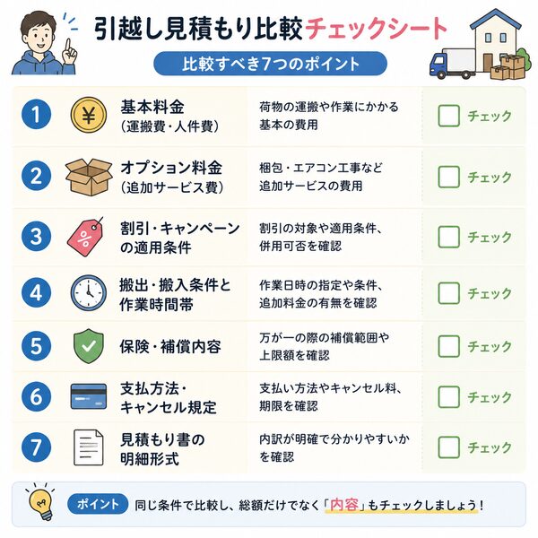 引越し見積もり比較チェックシート（比較すべき7項目一覧）