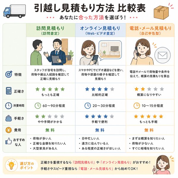 引越し見積もり方法比較表（訪問・オンライン・電話）