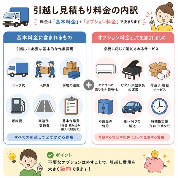 引越し見積もり料金の内訳（基本料金・オプション料金の構成図）
