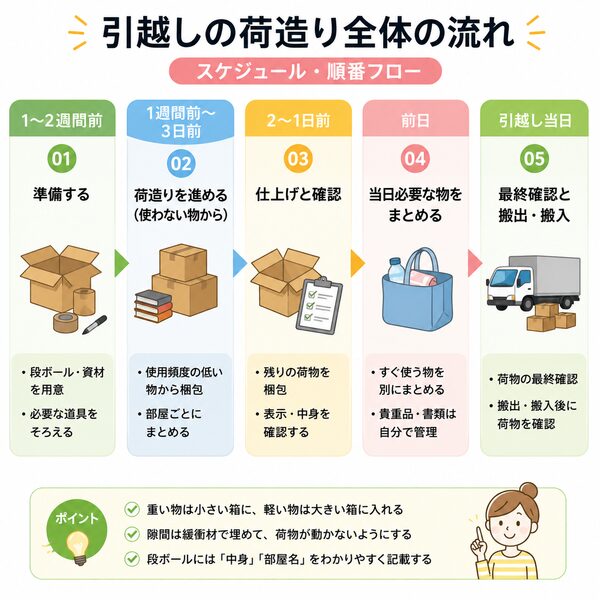 引越しの荷造り全体の流れ(スケジュール・順番フロー)