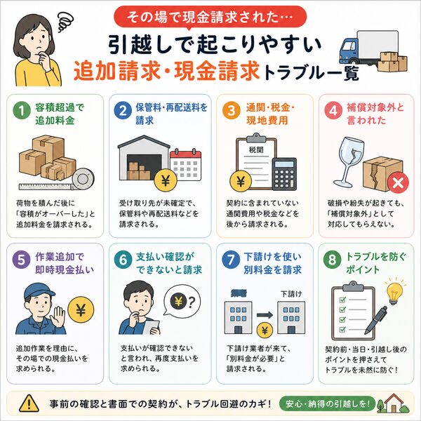 引越しで起こりやすい追加請求・現金請求トラブル一覧