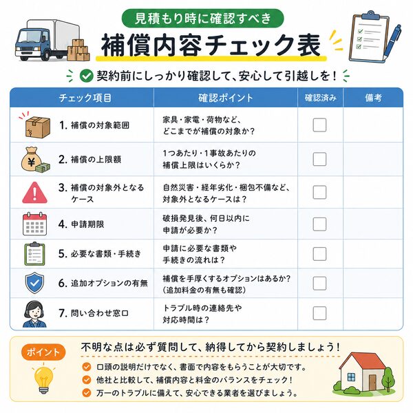 見積もり時に確認すべき補償内容チェック表