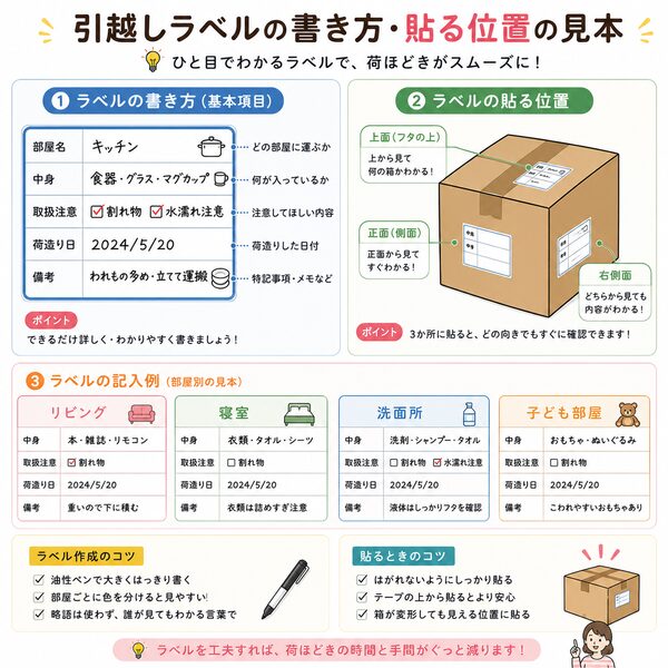 引越しラベルの書き方・貼る位置の見本