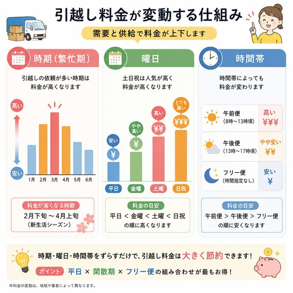 引越し料金が変動する仕組み(繁忙期・曜日・時間帯の料金比較図)
