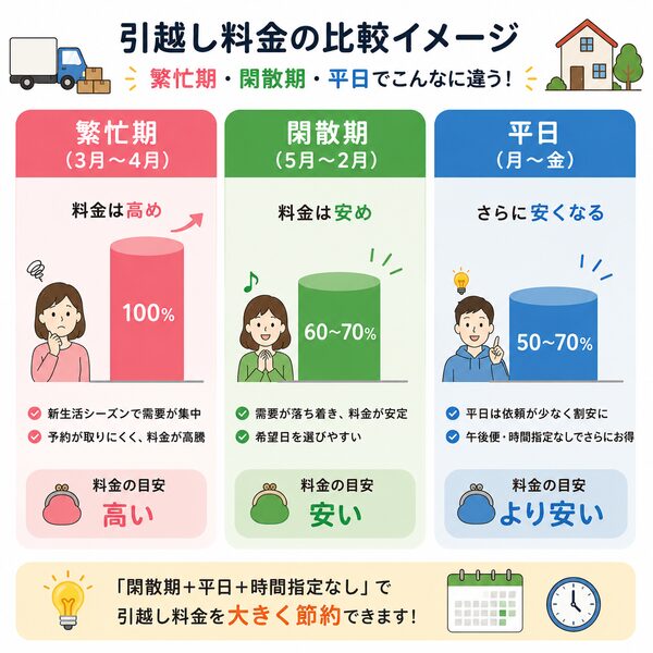 繁忙期・閑散期・平日の料金比較イメージ