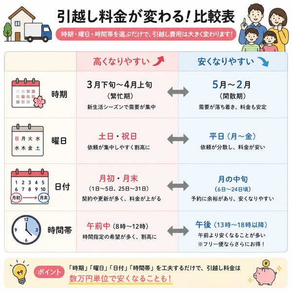 引越し料金が高い時期・安い時期・曜日・時間帯の比較表