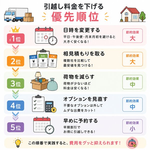 引越し料金を下げる優先順位（日時変更・相見積もり・荷物削減・オプション見直し・早期予約）