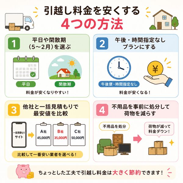 引越し料金を安くする4つの方法まとめ