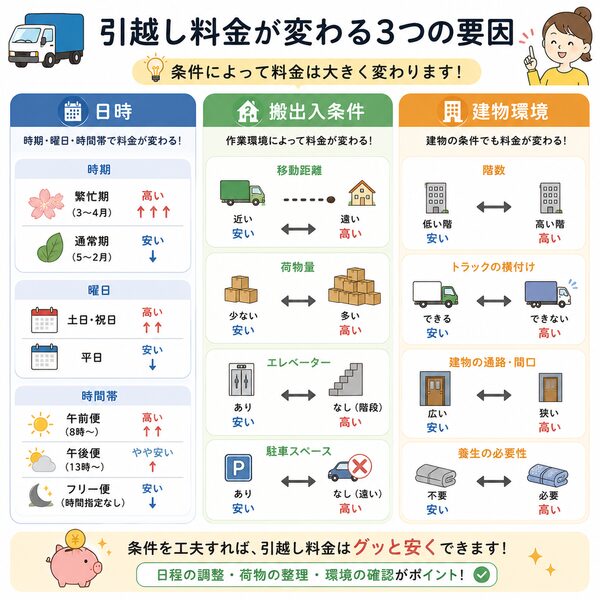 引越し料金が変わる要因（日時・搬出入条件・建物環境の比較図）