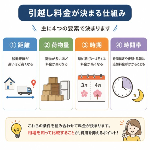 引越し料金が決まる仕組み(距離・荷物量・時期・時間帯など)