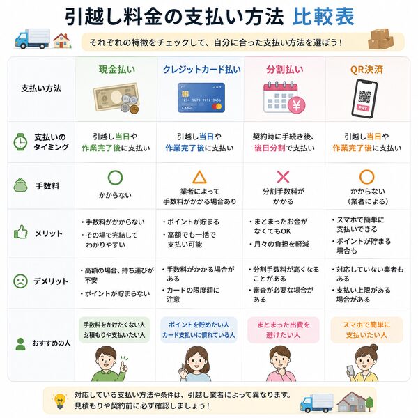 引越し料金の支払い方法比較表(現金・クレジットカード・分割払い・QR決済)