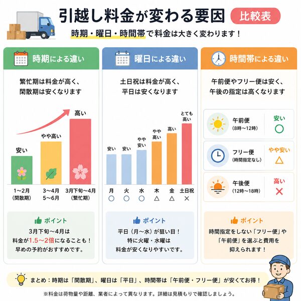 引越し料金が変わる要因（時期・曜日・時間帯）の比較図