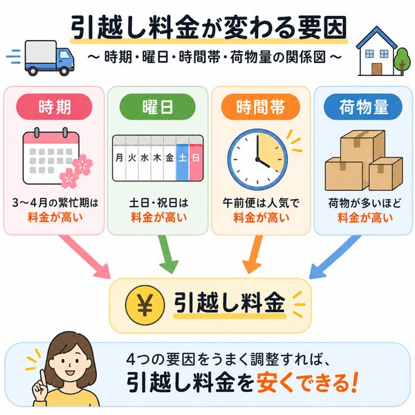 引越し料金が変わる要因(時期・曜日・時間帯・荷物量)の関係図
