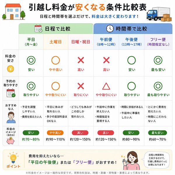 料金が安くなる条件比較表（平日・土日祝／午前便・午後便・フリー便）