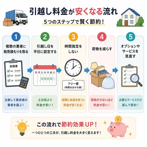 引越し料金が安くなる流れ（節約フローチャート）