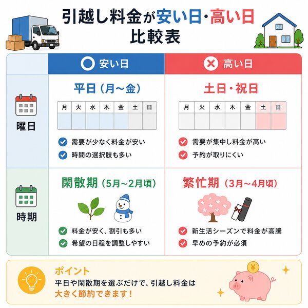 引越し料金が安い日・高い日比較表（平日・土日・繁忙期・閑散期）