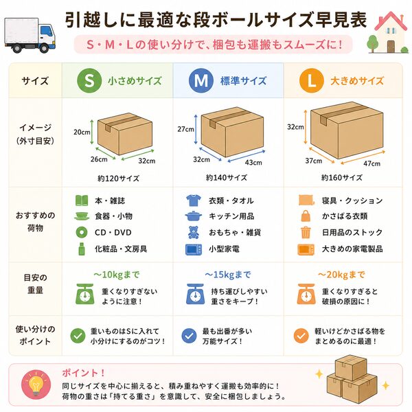 引越しに最適な段ボールサイズ早見表（S・M・Lの使い分け）