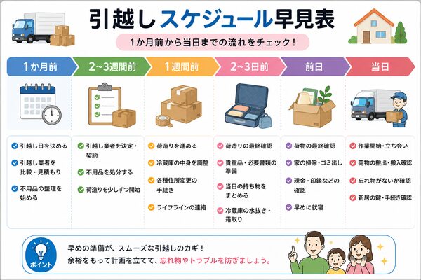 引越しスケジュール早見表(1か月前〜当日までのタイムライン)