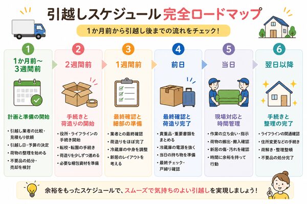 引越しスケジュール完全ロードマップ(1か月前〜引越し後まで)