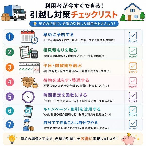 利用者が今すぐできる対策チェックリスト(早めの予約・相見積もり・平日利用など)