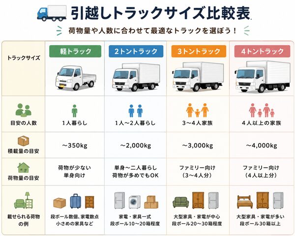引越しトラックサイズ比較表（軽・2t・3t・4tの積載量・人数・荷物量一覧）