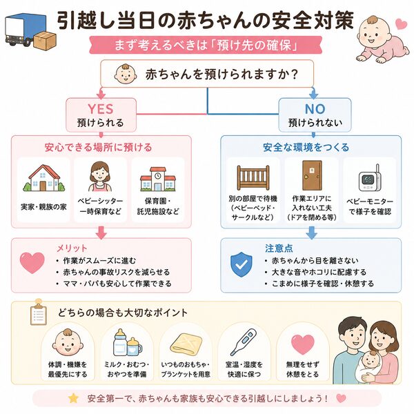 引越し当日の赤ちゃんの安全対策フローチャート(預ける・預けない場合)