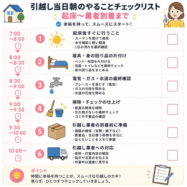 引越し当日朝のやることチェックリスト(起床〜業者到着まで)