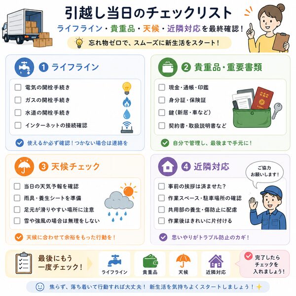引越し当日のチェックリスト(ライフライン・貴重品・天候・近隣対応)