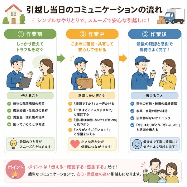 引越し当日のコミュニケーションの流れ（作業前→作業中→作業後）
