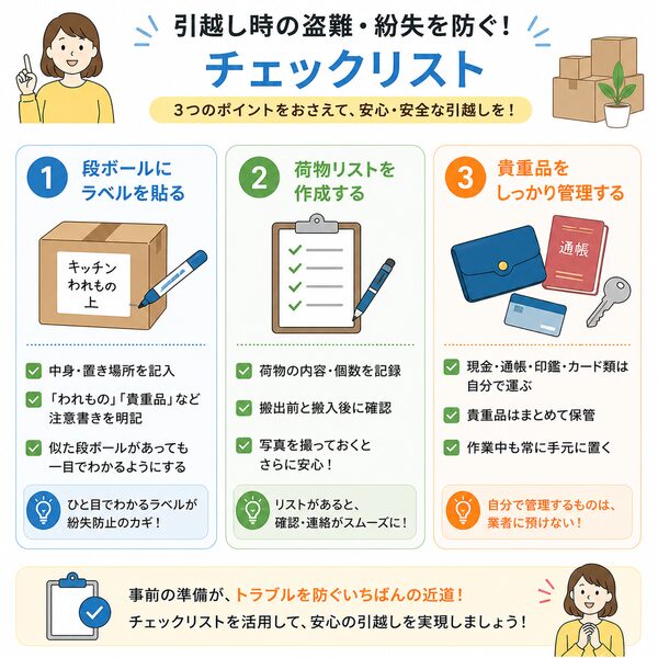 盗難・紛失を防ぐためのチェックリスト(ラベル貼付・荷物リスト作成・貴重品管理)