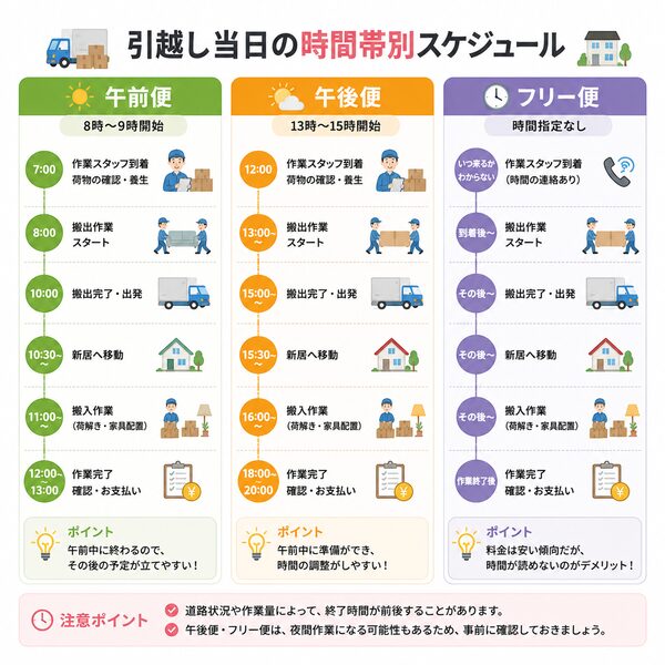 引越し当日の時間帯別スケジュール（午前便・午後便・フリー便）
