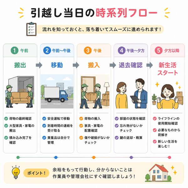 引越し当日の時系列フロー(搬出→移動→搬入→退去確認→新生活スタート)